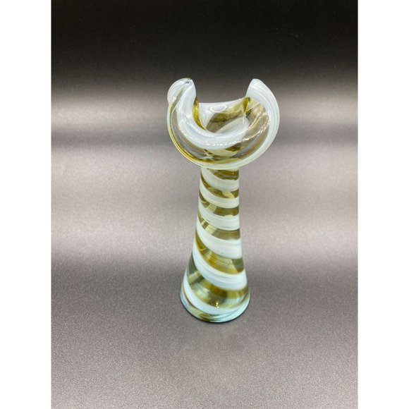 Blue Yellow and Clear Striped Art Glass Calla Lily Swirl Vase - 6.50 Tall - Picture 4 of 9
